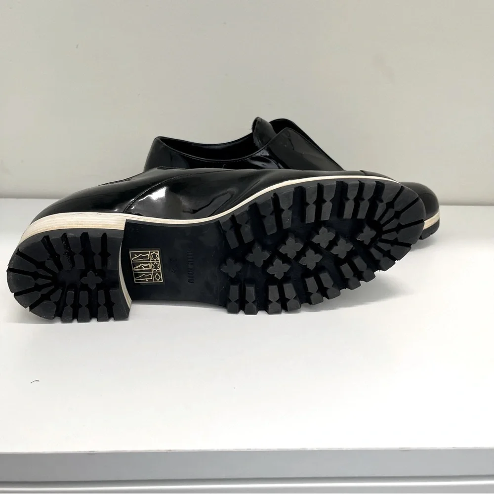 Miu Miu Black Patent Leather Derby Loafers Size 37.5 quiet luxury modern preppy
